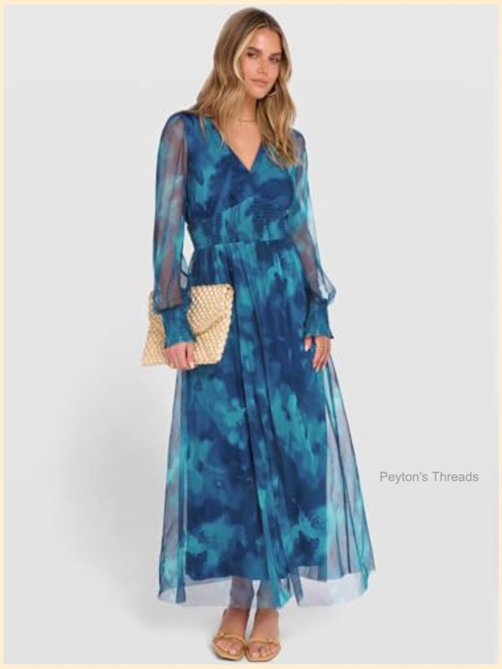 Floral Maxi Dress V Neck Puff Long Sleeve Flowy Casual Wedding Guest Tulle Dress - Picture 2 of 7